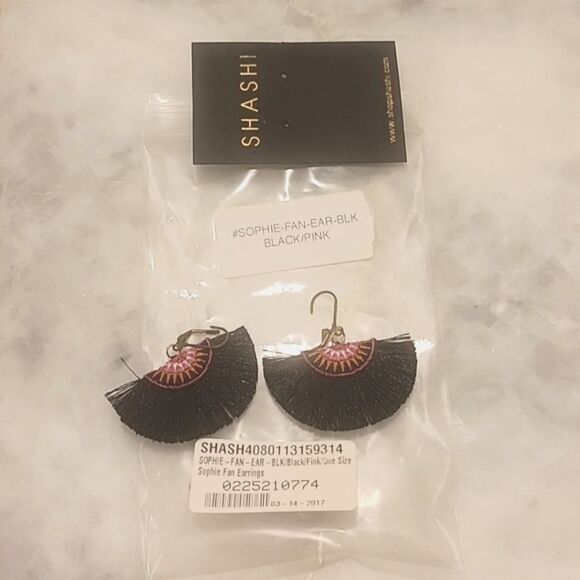 NWT Shashi Sophie Black Earrings Fringe Woven Boho Embroidered Fan Tassel Gold - Picture 3 of 5